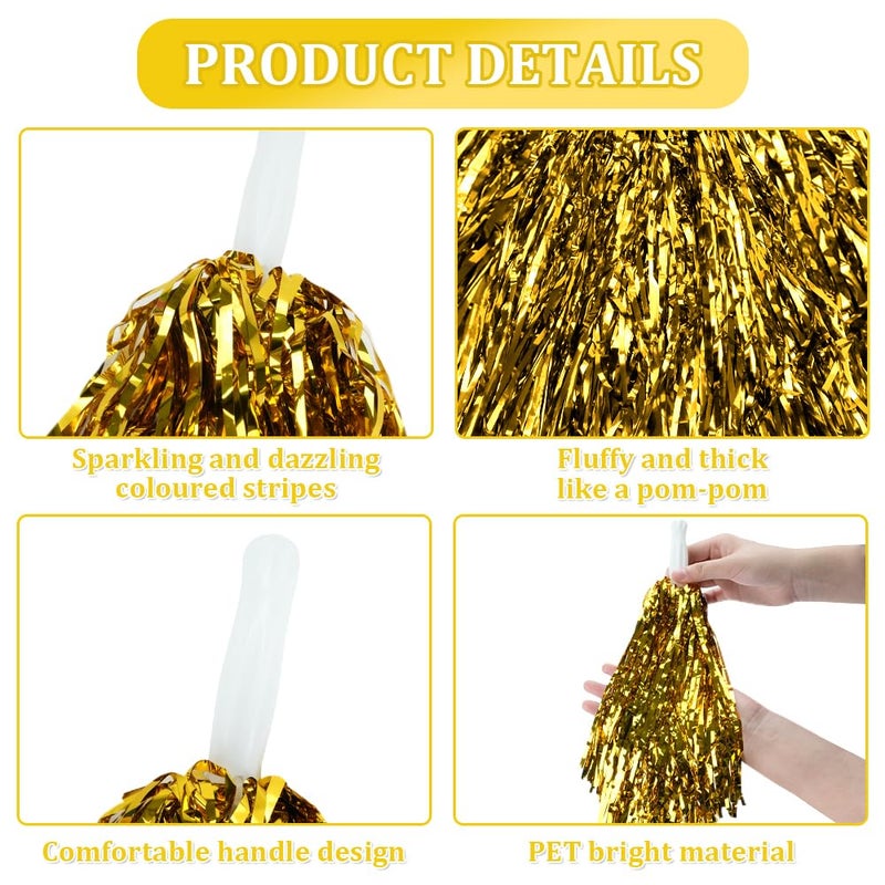 CUGBO 24Pcs Cheerleading Pom Poms, 1 Dozen Handle Metallic Foil Flower Ribbons Cheerleader Pompoms, Kids Children Ball Dance Sports Coaches Game Party Fancy (Gold) - Image 3